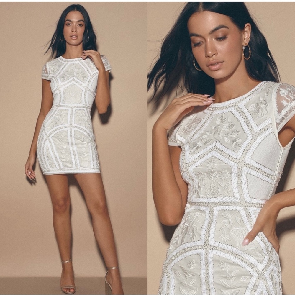 Spread Your Shine White Sequin Embroidered Bodycon Dress